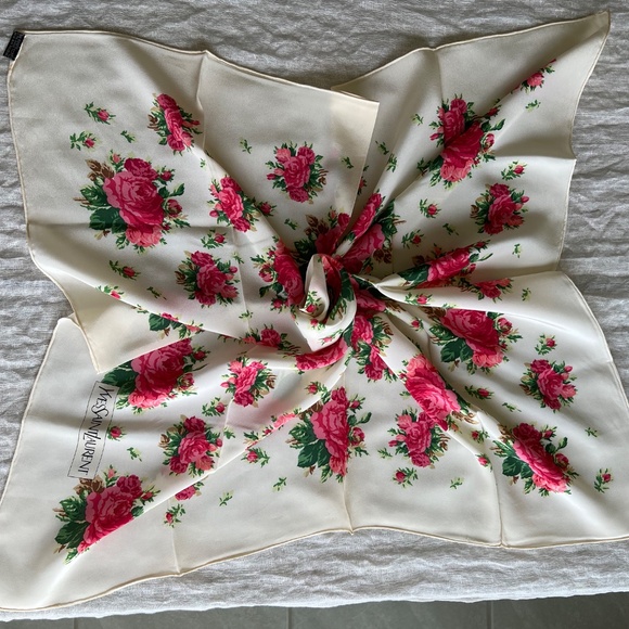Yves Saint Laurent Vintage Silk Scarf Floral Print, Hand-Rolled Edges Japan - Picture 5 of 10